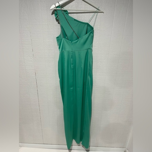 Liv Foster stretch satin rosette one shoulder formal gown green size 0 - Picture 8 of 15